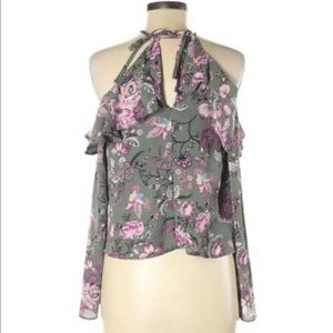 LOVE, FIRE Long Sleeve Cold Shoulder Top Size M Green Pink Hummingbird Halter